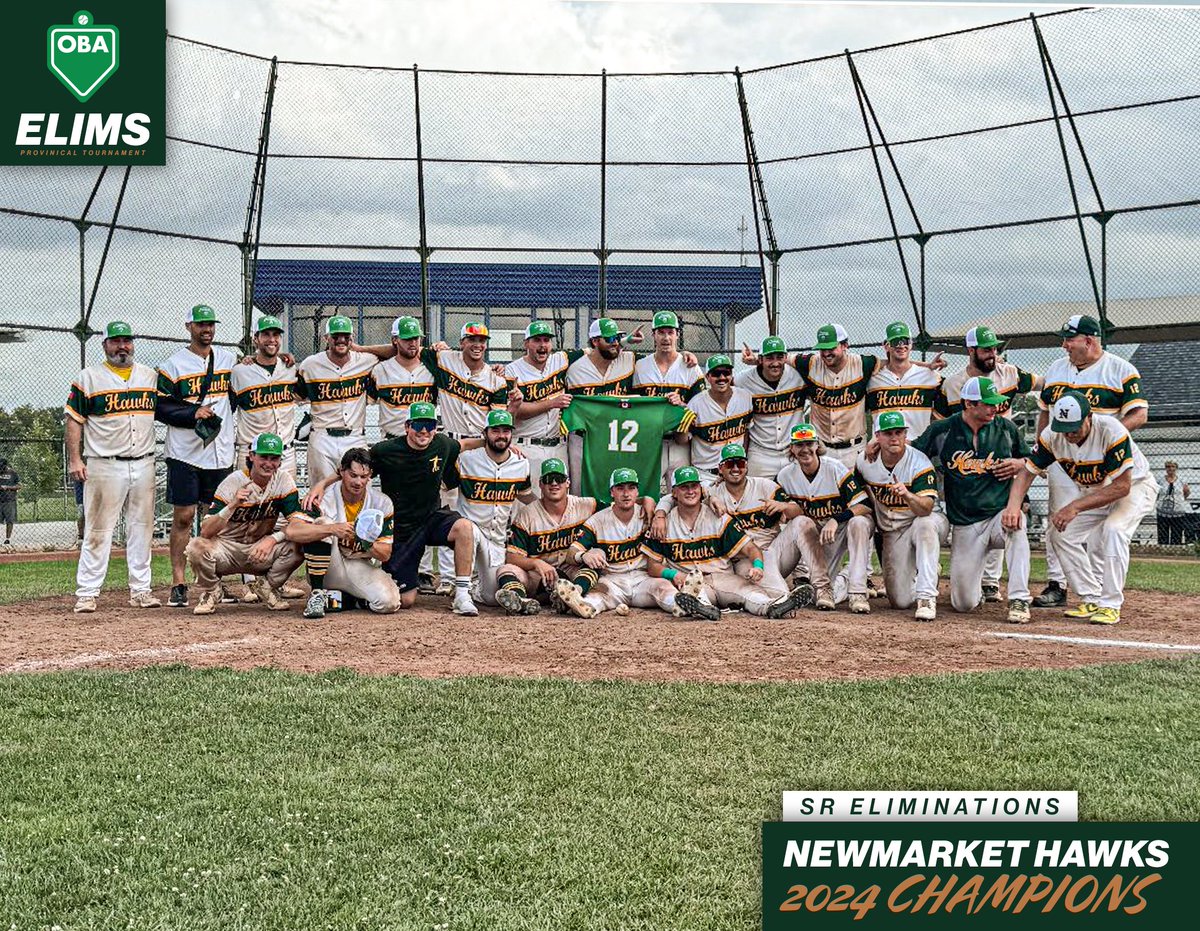 Congratulations to the <a href="/NewmarketHawks/">Newmarket Senior Hawks</a> our 2024 Senior Elimination Champions! The Hawks will head to the 2024 Men's <a href="/BaseballCANNats/">Baseball Canada National Championships</a> in Tecumseh, Ontario!

#OBAElims24