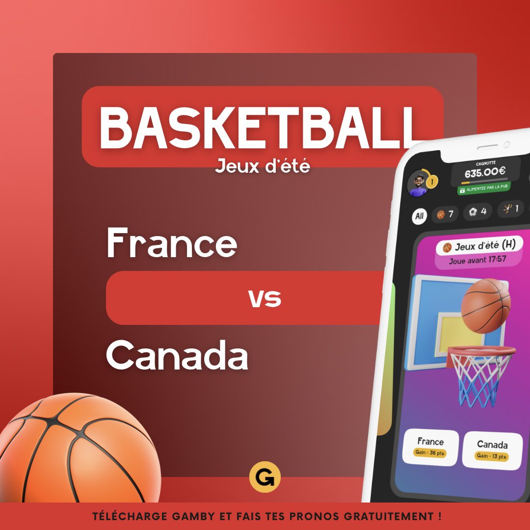 gamby_app's tweet photo. 🏀 Rendez-vous à 18h pour le choc France-Canada en basket masculin, avec une place en demi-finales à la clé 🇫🇷⚡️🇨🇦

Victor Wembanyama pourra-t-il guider la France vers la victoire ? 💪

#JeuxOlympiques https://t.co/rOpHO6BNhQ