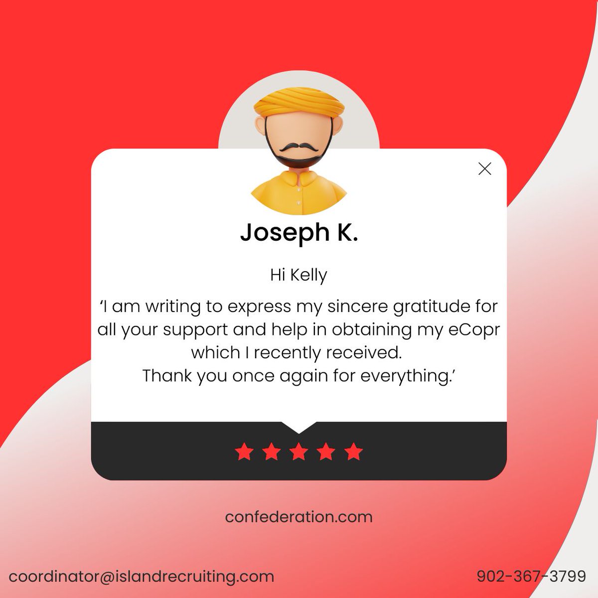 confed_group's tweet photo. Our office is located at 119 Queen Street (suite 202), Charlottetown, Prince Edward Island.

For consultation, call: 902-367-3799 or email: coordinator@islandrecruiting.com

#TuesdayTestimonials https://t.co/hNfGDYx0sI