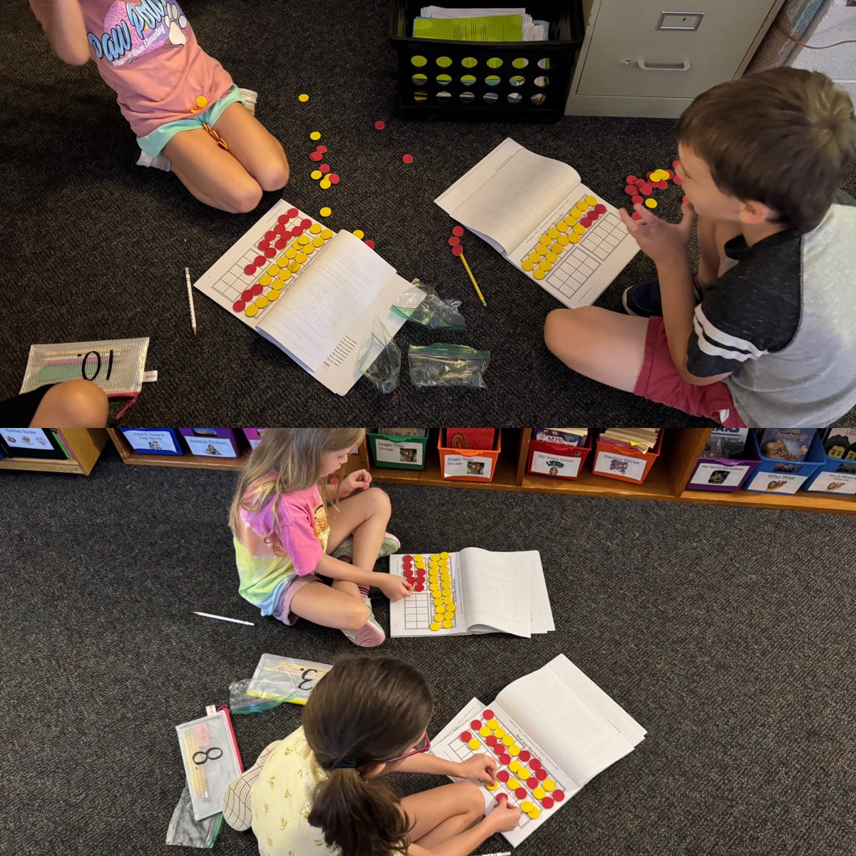 Using tens frames to add two, 2-digit numbers together! Using these hands on tools makes adding these bigger numbers not so scary! 🙂