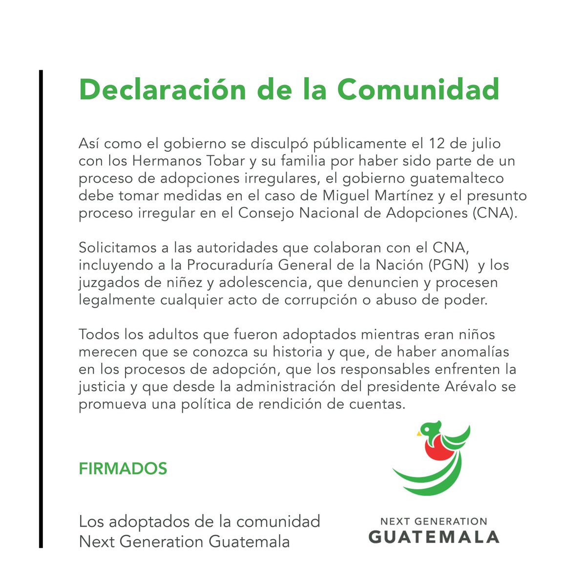 Así como el <a href="/GuatemalaGob/">Gobierno de Guatemala 🇬🇹</a> de <a href="/BArevalodeLeon/">Bernardo Arévalo</a> se disculpó por las adopciones irregulares en #Guatemala y la investigación de <a href="/VoxPopuliGuate/">Vox Populi</a>, los adoptados de #NextGenGuate emitieron un comunicado instando a <a href="/PGNguatemala/">PGN Guatemala</a> a continuar actuando contra las irregularidades vigentes.