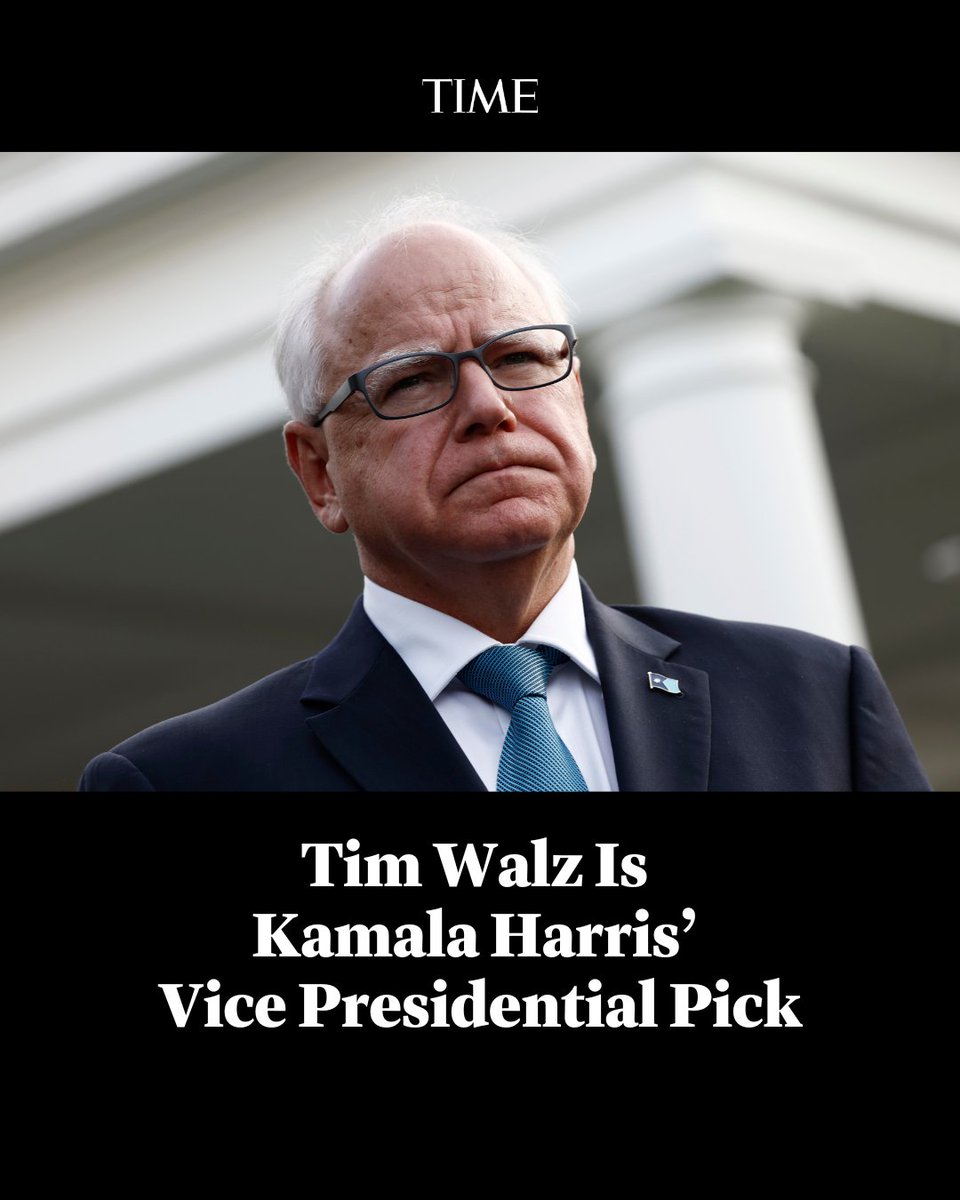 TIME's tweet photo. Kamala Harris picks Minnesota Gov. Tim Walz as vice presidential running mate https://t.co/4TMHK3cTmx https://t.co/IddxiCcU6g