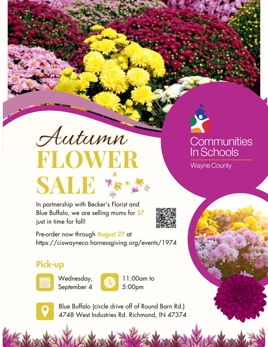 CISWayneCo's tweet photo. When you purchase mums from Communities In Schools this year you are directly supporting students in your community. So why wait? Pre-order today for $7 using the link below! Pre-orders will be accepted until August 27, 2024. https://t.co/leNuEIZtYp https://t.co/np8oRhL1pb