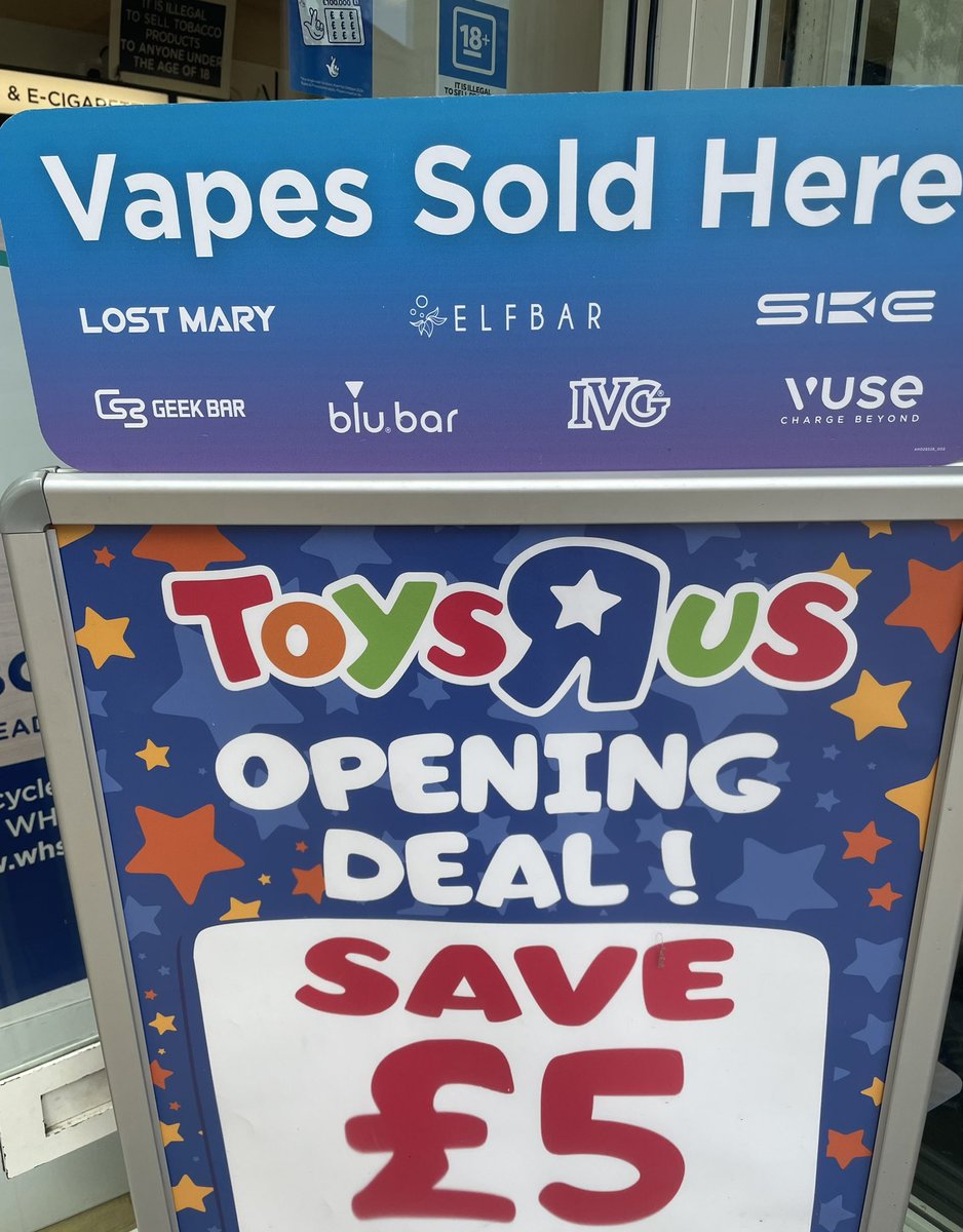 JoBowery's tweet photo. The new Toys’R’Us at Newton Abbot has definitely nailed its target market with this product range!
#toysrus #isthisevenlegal #marketingfail #whsmith #newtonabbot https://t.co/GFrKeT7FXe