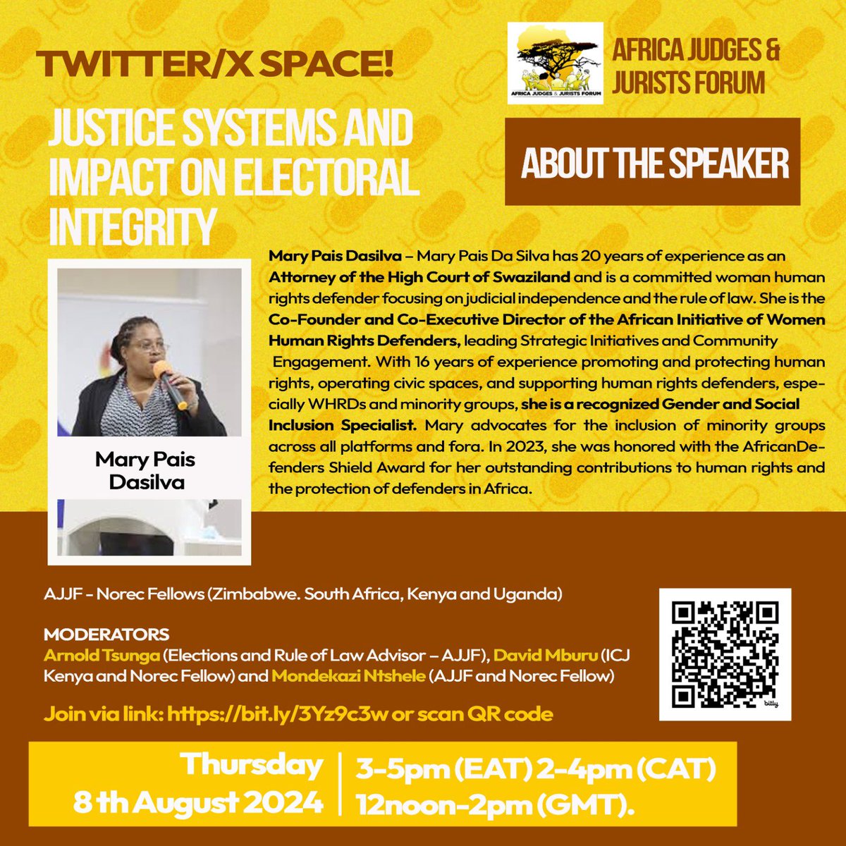 AfricanJurists's tweet photo. MEET OUR ABLE SPEAKERS

MARY PAIS DASILVA

Justice Systems and Electoral Integrity 

Thursday 8 August 2024

2-4pm CAT
3-5pm EAT
12-1pm GMT

Link: https://t.co/mdHwXNoLiJ https://t.co/ghPvPs8obk