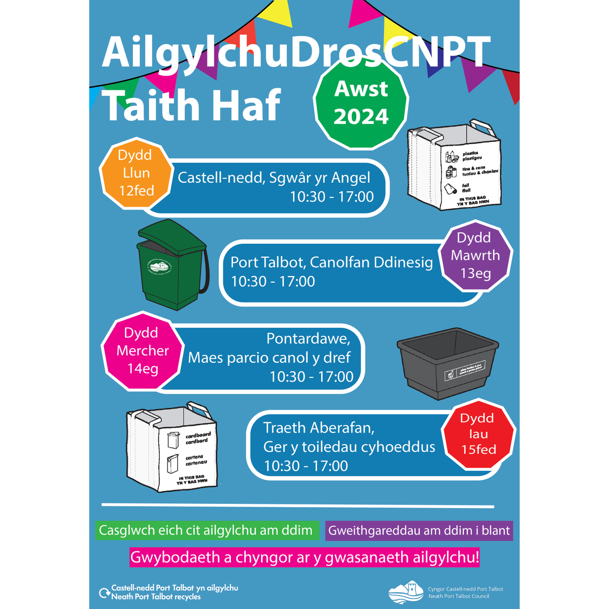 Sarah4Society's tweet photo. Check out Recycle4NPT at the Car Park in Pontardawe between 10:30 - 17:00 on Wednesday, 14th August 2024. You can get free recycling kit and there are kids activities. https://t.co/vbaz1lnkw5