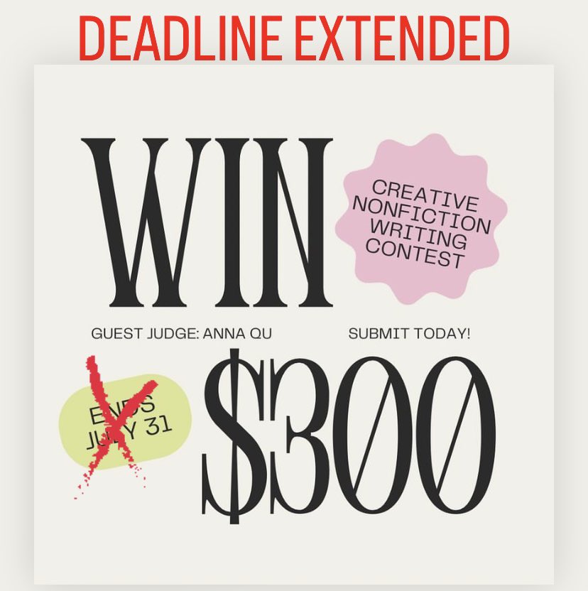 Don’t delay! Send us your best CNF essays via the submissions page on our website for a chance to win and get published with BSR!!