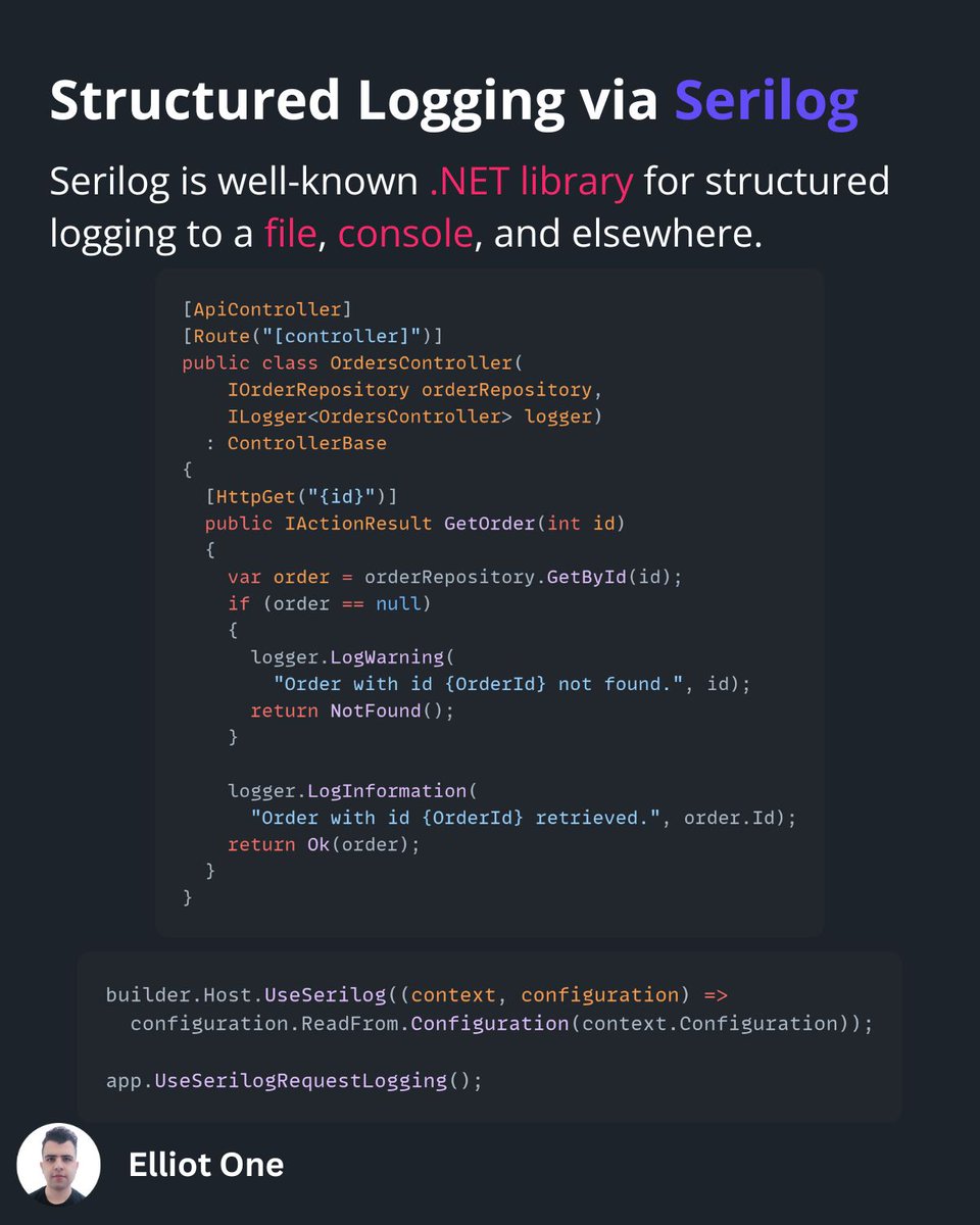 elliot1one's tweet image. Structured logging with Serilog makes your logs more organized and easier to analyze. 📊 

It supports various sinks and allows for customizable log levels, file management, and formatting. 

Perfect for .NET projects!

#dotnet #csharp #aspcore #logging #webdevelopment
