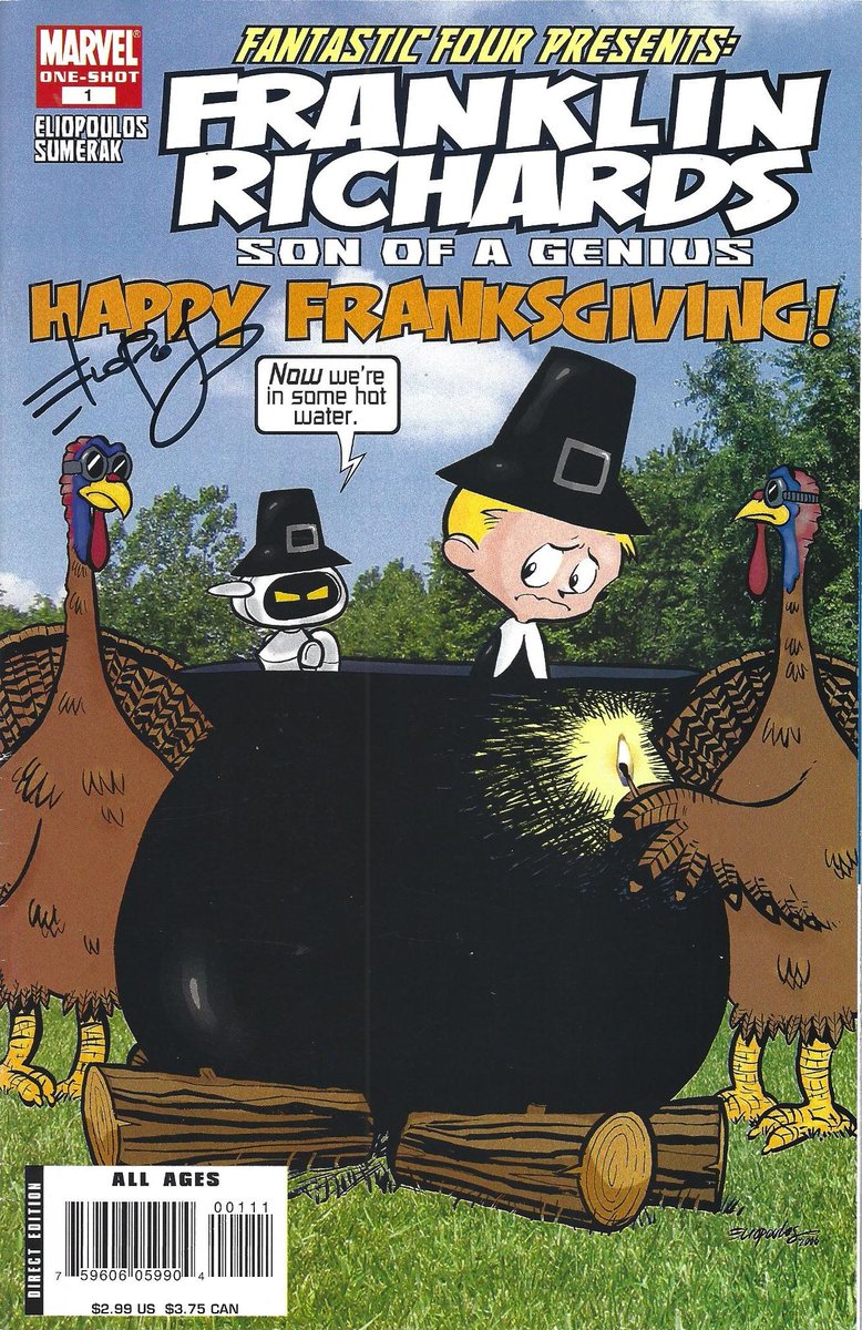 ErichMees's tweet photo. Signed comic of the day (in honor of the holiday): Franklin Richards: Happy Franksgiving #1 signed by @ChrisEliopoulos. https://t.co/e2gK6dIdn1