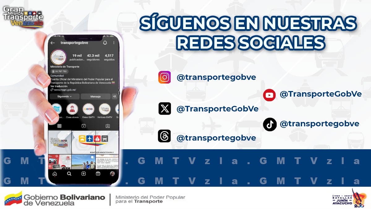 ¿Información acerca de los avances de la Gran Misión Transporte Venezuela? ¡Síguenos! 
#GMTVzlaSomosTodos