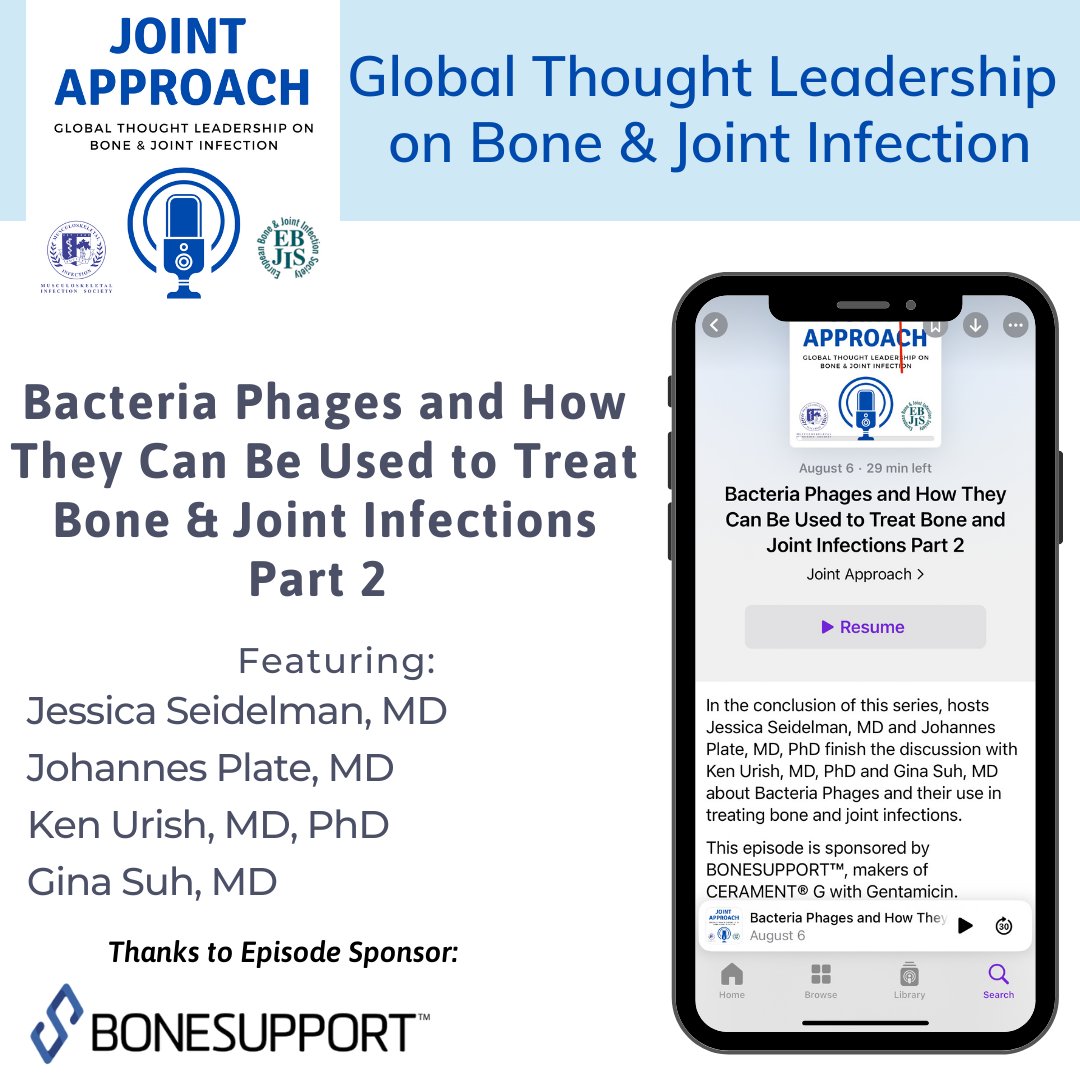 ConveyMed Podcast App: Mobile Medical Education (@conveymed) on Twitter photo Part 2 of @Jointapproach podcast! Hosts Jessica Seidelman, MD & Johannes Plate, MD, PhD chat with Ken Urish, MD, PhD & Gina Suh, MD about Bacteria Phages and their use in treating bone and joint infections. Thanks to sponsor <a href="/BONESUPPORT_AB/">BONESUPPORT</a>!
Listen now: loom.ly/nSq0heE Part 2 of @Jointapproach podcast! Hosts Jessica Seidelman, MD & Johannes Plate, MD, PhD chat with Ken Urish, MD, PhD & Gina Suh, MD about Bacteria Phages and their use in treating bone and joint infections. Thanks to sponsor <a href="/BONESUPPORT_AB/">BONESUPPORT</a>!
Listen now: loom.ly/nSq0heE