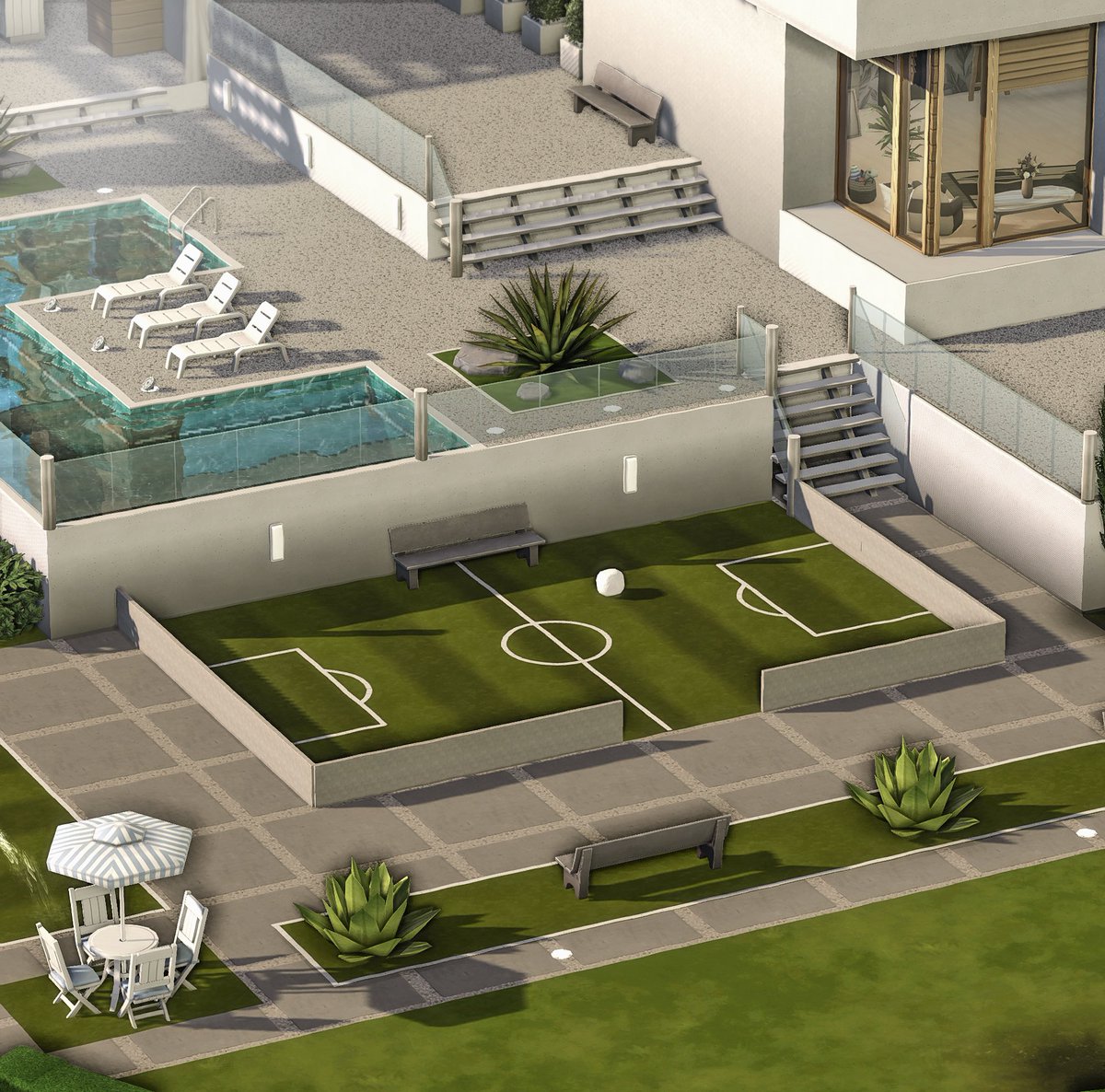 axiisims's tweet photo. VALLEY-VIEW VILLA 🌴 Football terrain, fitness room, pool &amp; many mores are coming with this BASE GAME build! 

EA ID: axiisims | #EAPartner 

#TheSims4 #TheSims #Sims4 #Sims https://t.co/3b9SLtjIOR