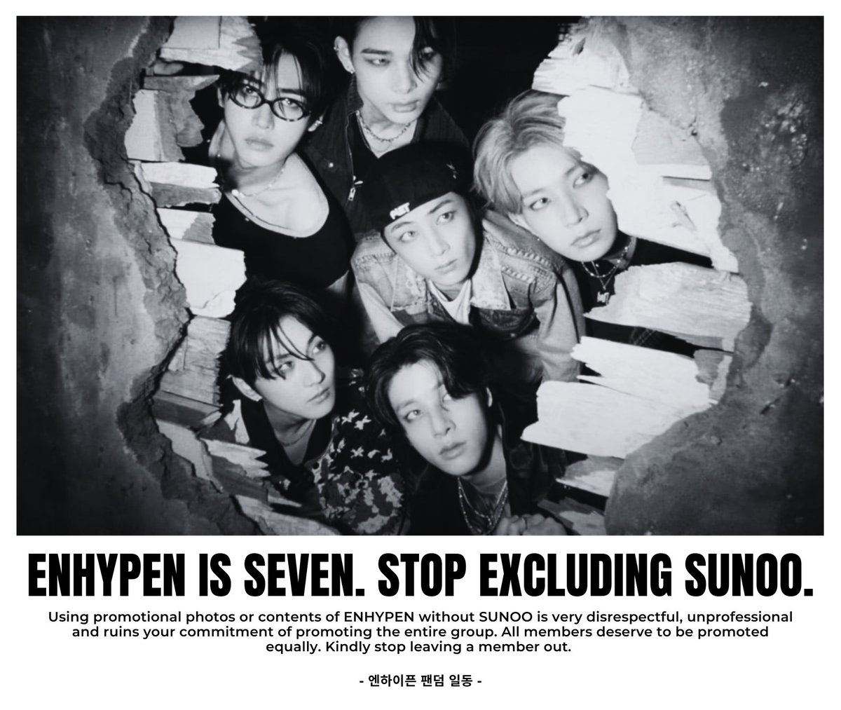 kimdotoli_0624's tweet photo. RESPECT KIM SUNOO

@BELIFTLAB, using promotional photos/contents of ENHYPEN without #SUNOO is very disrespectful, unprofessional &amp; ruins your commitment of promoting the entire group.

All members deserve to be promoted equally. STOP LEAVING A MEMBER OUT!

#WeAreAlwaysWithSUNOO https://t.co/5ER33VPOwA