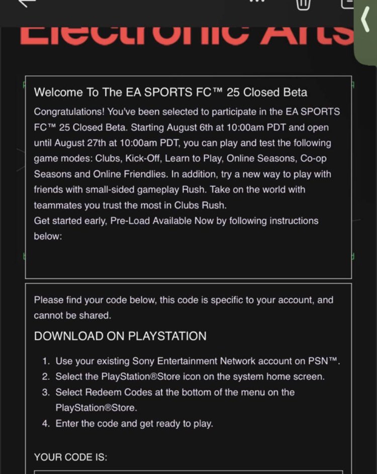 Con_OnAir's tweet photo. Have a PlayStation EAFC25 Beta code for sale or will swap for Xbox message if interested!

#FC25Beta #fc25 https://t.co/rnlR0NpUdm