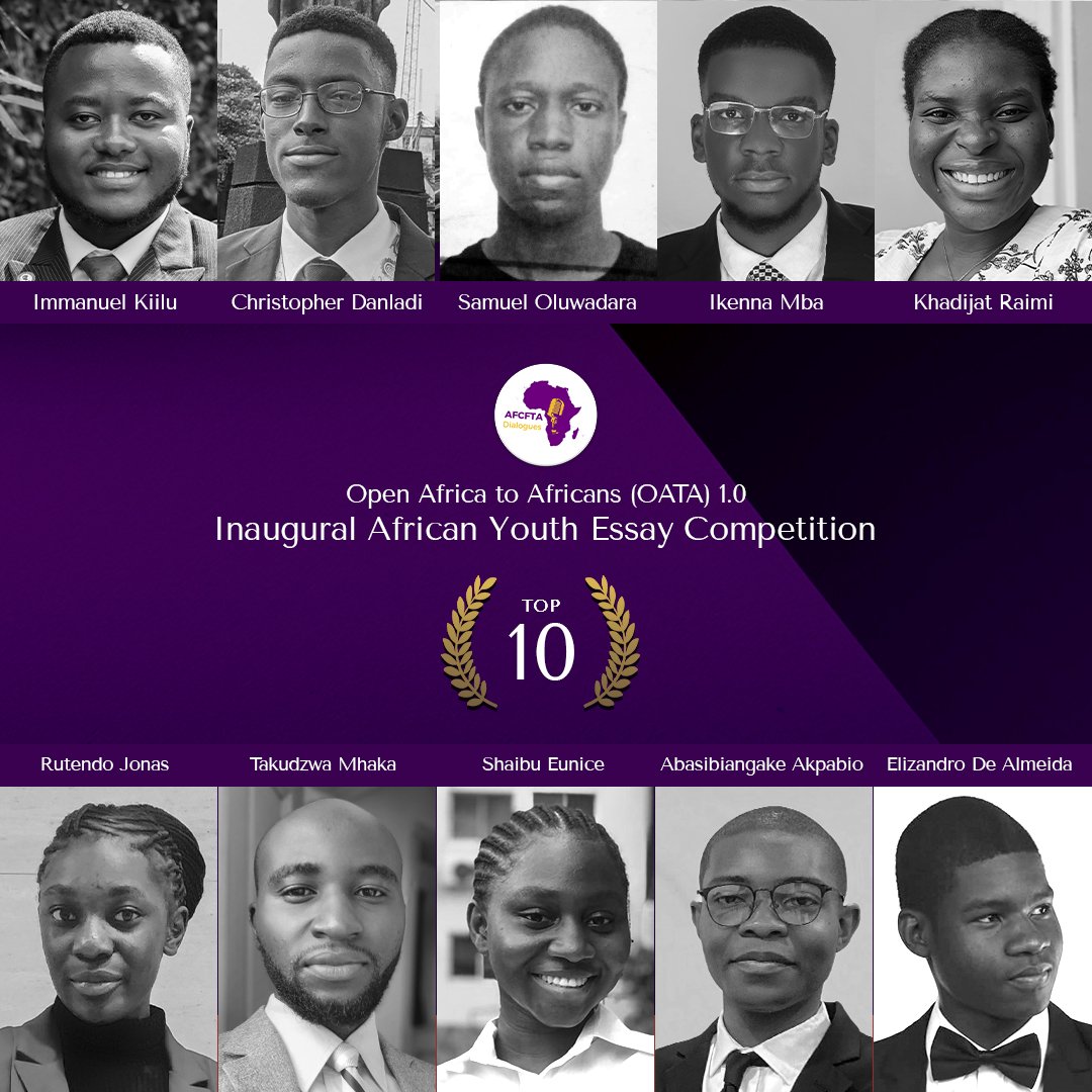afcftadialogues's tweet photo. Introducing our top ten participants of the Inaugural African Youth Essay Competition! Out of 56 applications from 16 African countries, these outstanding young writers have distinguished themselves with their insightful, compelling and thought-provoking essays.

#OATA https://t.co/Po2WYKaj0u