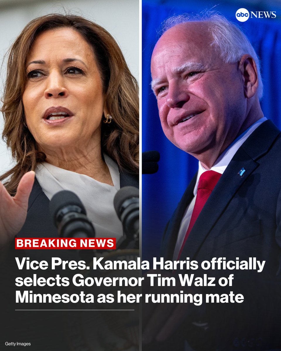 ABCPolitics's tweet photo. BREAKING: Vice President Kamala Harris has officially selected Minnesota Gov. Tim Walz as her vice presidential running mate to help her challenge Donald Trump and JD Vance in November. https://t.co/CCFkj9nt7K https://t.co/Mhd067fMmt