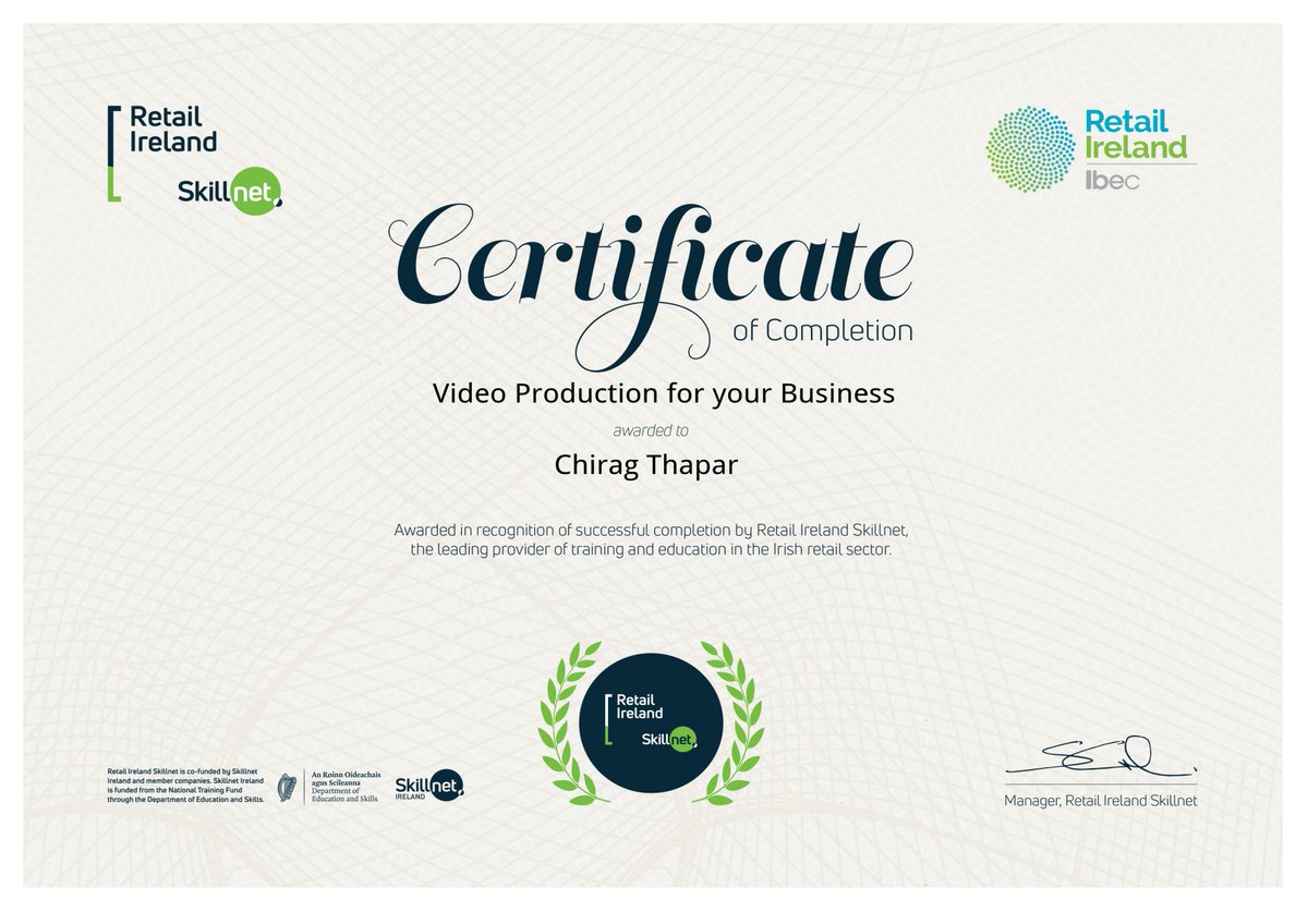I am thrilled to announce that I have completed the Video Production Course, offered by <a href="/retailskillnet/">Retail Ireland Skillnet</a> &amp; <a href="/Retail_Irl/">Retail Ireland</a> <a href="/ibec_irl/">Ibec</a> and funded by the Government of Ireland.

I am grateful for the gained invaluable knowledge and inspiration.🙏😊

#Ireland #learning #Marketing #VIDEO