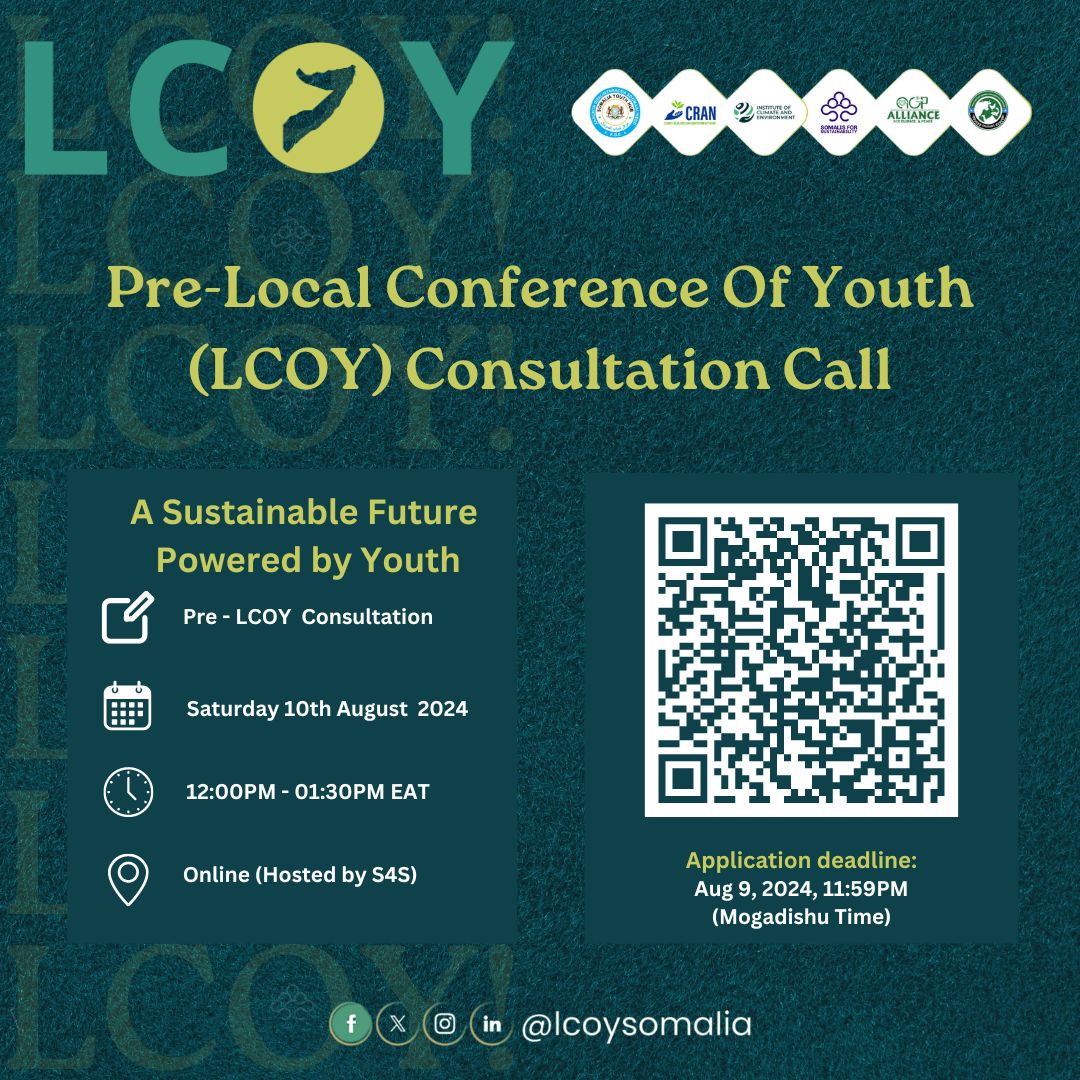 SomalisforSust's tweet photo. 🌍✨ Our team is hosting a Pre-LCOY Online Consultation! ✨🌍
📅 :  AUG 10
🕛 : 12:00 PM EAT
This event is a unique opportunity for Somali youth to shape the Somali National Youth Statement ahead of the global COY and COP meetings! 🌿✍️
#LCOYSomalia #YouthVoices #ClimateAction https://t.co/ist0HSmsKA