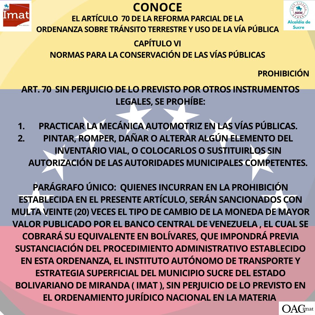 Continuamos con la difusión de la Reforma Parcial de la Ordenanza sobre Tránsito Terrestres y uso de la vía pública del Municipio Sucre del Estado Bolivariano de Miranda
<a href="/lAlcaldiasucre/">AlcaldíaSucre</a>
#ImatSucreTrabajandoPorSuMunicipio