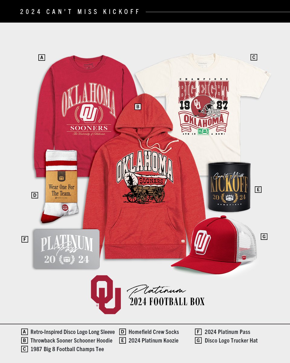The Oklahoma Platinum Football Box:

We highlighted the best of Sooners football, including their 1987 Big Eight title and a new snapback featuring the fan-favorite disco logo.

homefieldapparel.com/pages/2024-hom…