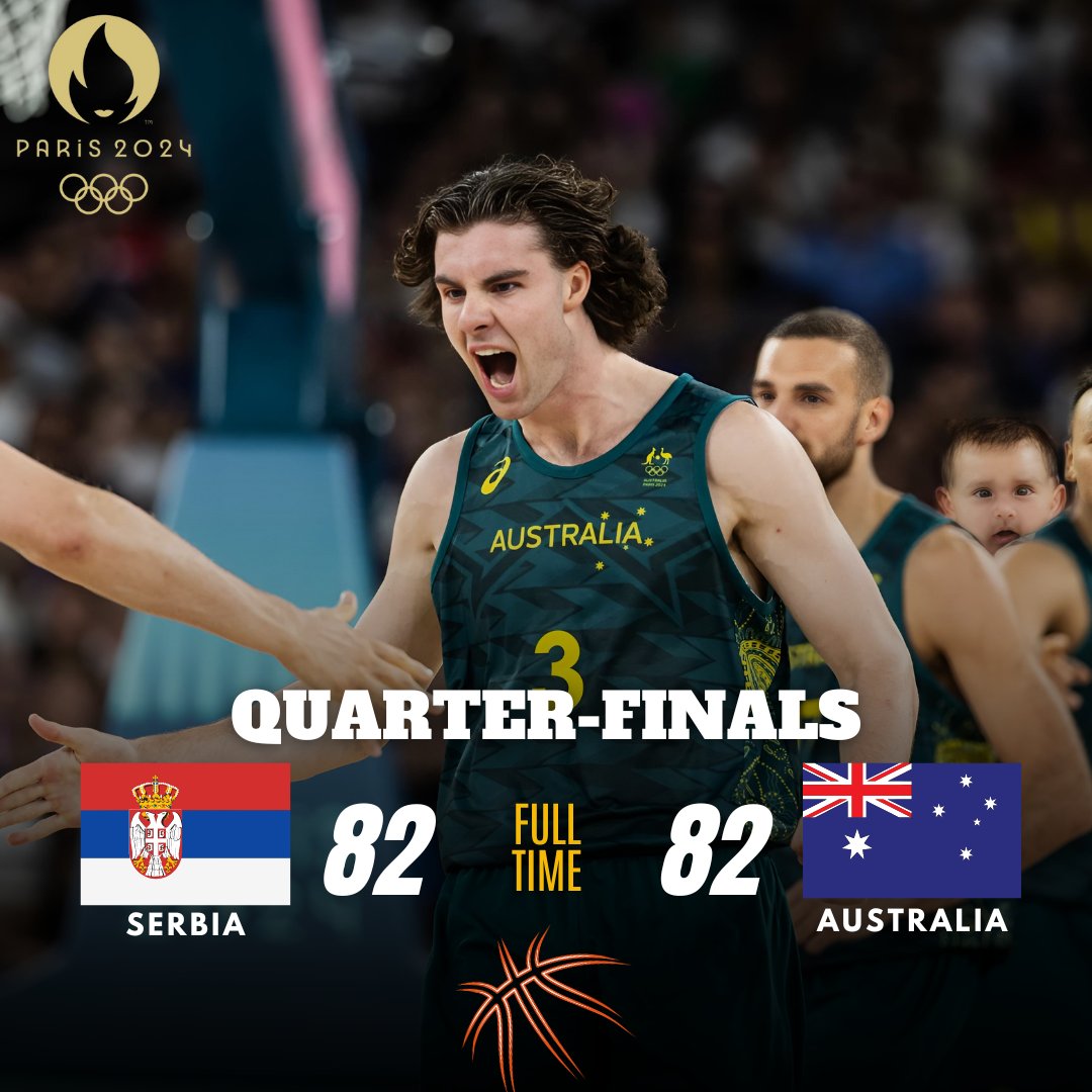 AusBballnews's tweet image. ⏳ After an intense four quarters of basketball, Australia vs Serbia remains tied! 🏀

We’re heading into overtime for a thrilling finish. Who will rise to the occasion? 🇦🇺🇷🇸 

Stay tuned! 🔥

#BasketballShowdown #OT #AustraliaVsSerbia #ClutchTime #Paris2024