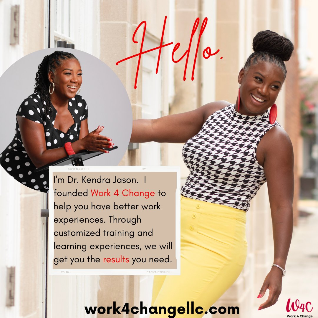 Work4ChangeLLC1's tweet photo. I'm Dr. Kendra Jason.  I founded Work 4 Change to help you have better work experiences. Through  customized training and learning experiences, we will get you the results you need.
*sense of belonging**trusting workplace culture*** better communication strategies https://t.co/EOWwroPiDV