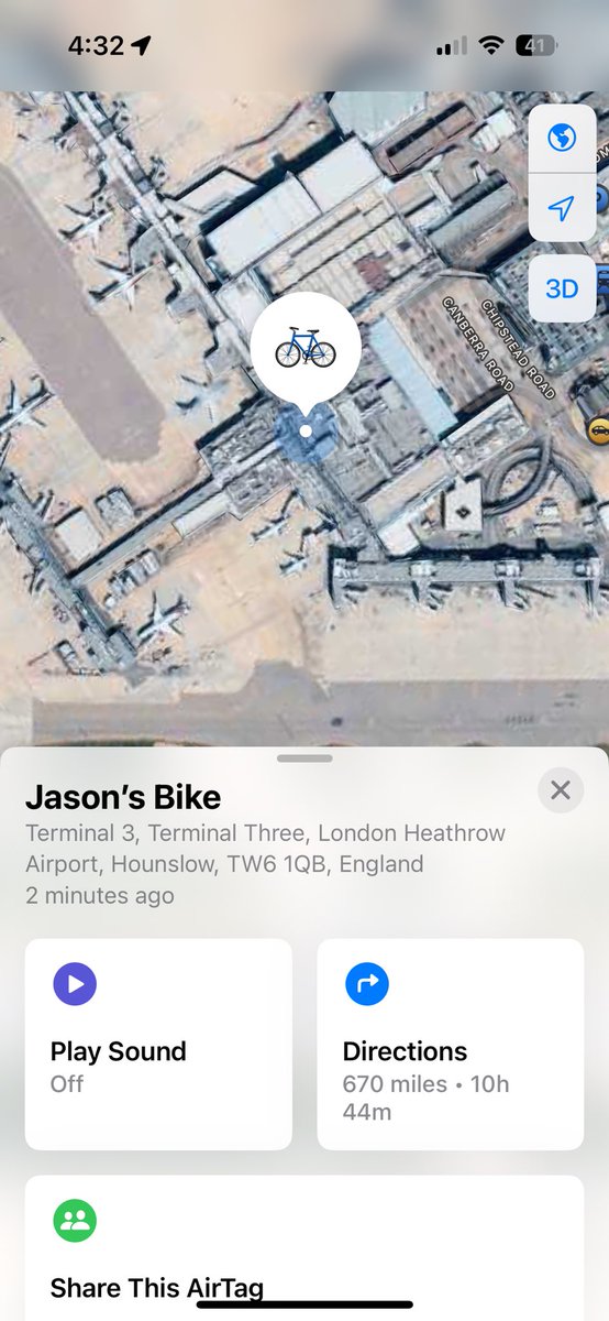 jahoop's tweet photo. @AmericanAir @FlySWISS @British_Airways can anyone help? I flew into LHR on Aug 2 on AA. BA flight to Geneva was canceled. Switched to Swiss the next day. My bicycle bag never made the flight. It’s been sitting in Terminal 3 for three days. Here’s the AirTag location. https://t.co/yYpQMNqLFK