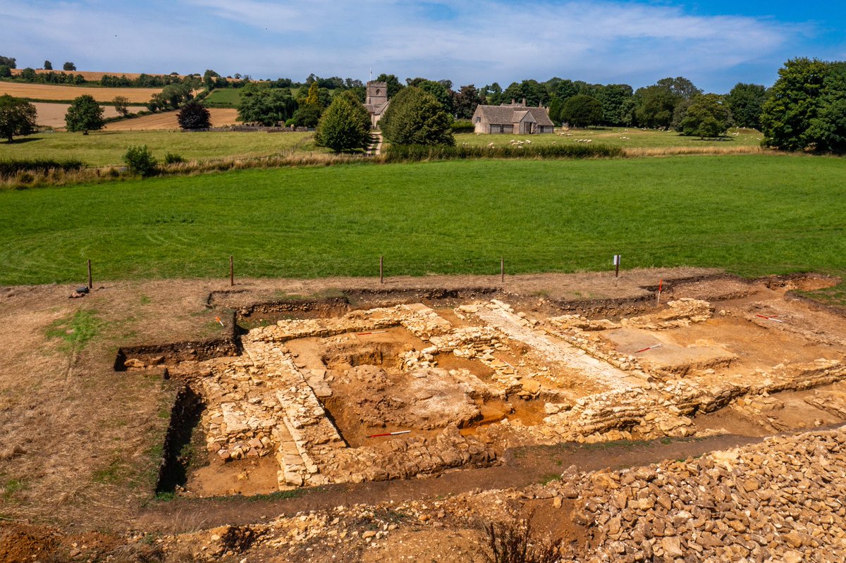 Great aerial images by ⁦@nickturnercam⁩ capture well the significant size of the walls of the medieval manor at Guiting Power. Next season we need to extend the trench and see where the walls are taking us. Parch marks and geophys indicate a much larger building complex.