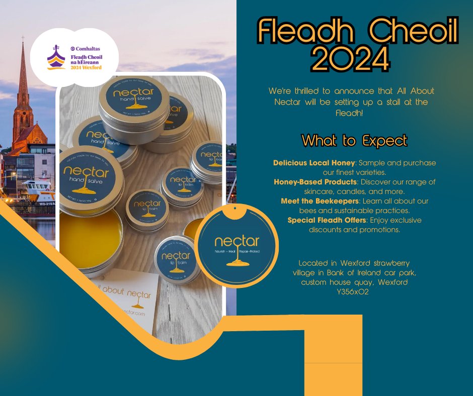 allaboutnectar's tweet photo. Thrilled to announce that @all_about_nectar will be setting up a stall at the @fleadhcheoil
Expect delicious Local Honey, our nourish, heal, repair, protect  skincare range. Our Difference is Healing!
Meet the Beekeepers &amp; enjoy Special Fleadh Offers.
Find us Y356x02
#Fleadh2024 https://t.co/SbofnhjbWn