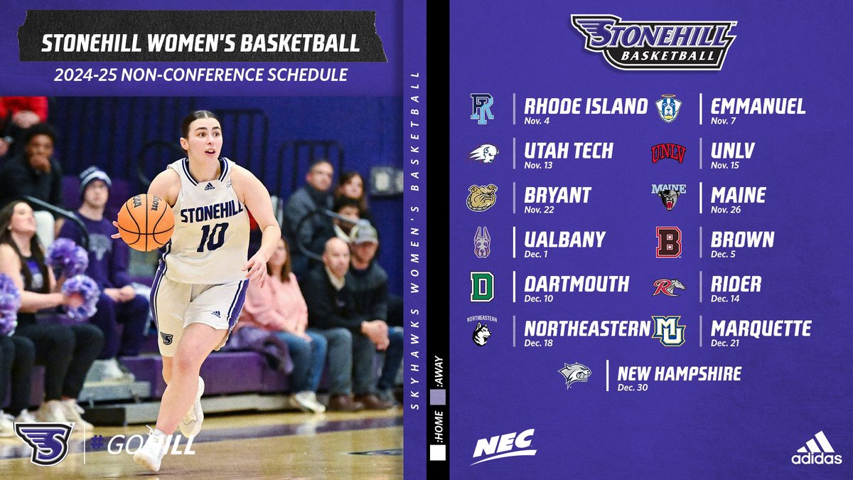 🏀 SCHEDULE DROP🏀

We're just 9⃣0⃣ days from <a href="/StonehillWBB/">Stonehill Women’s Basketball</a>'s season opener at URI - Nov. 4 (6:35 PM)

5⃣ - non-conference home dates!
✅ - Nov. 7 Home Opener vs. Emmanuel (Merkert Gym - 7 PM)
➡️ - Additional non-conf. home dates vs. Maine, UAlbany, Dartmouth &amp; UNH!
✈️ - Key road