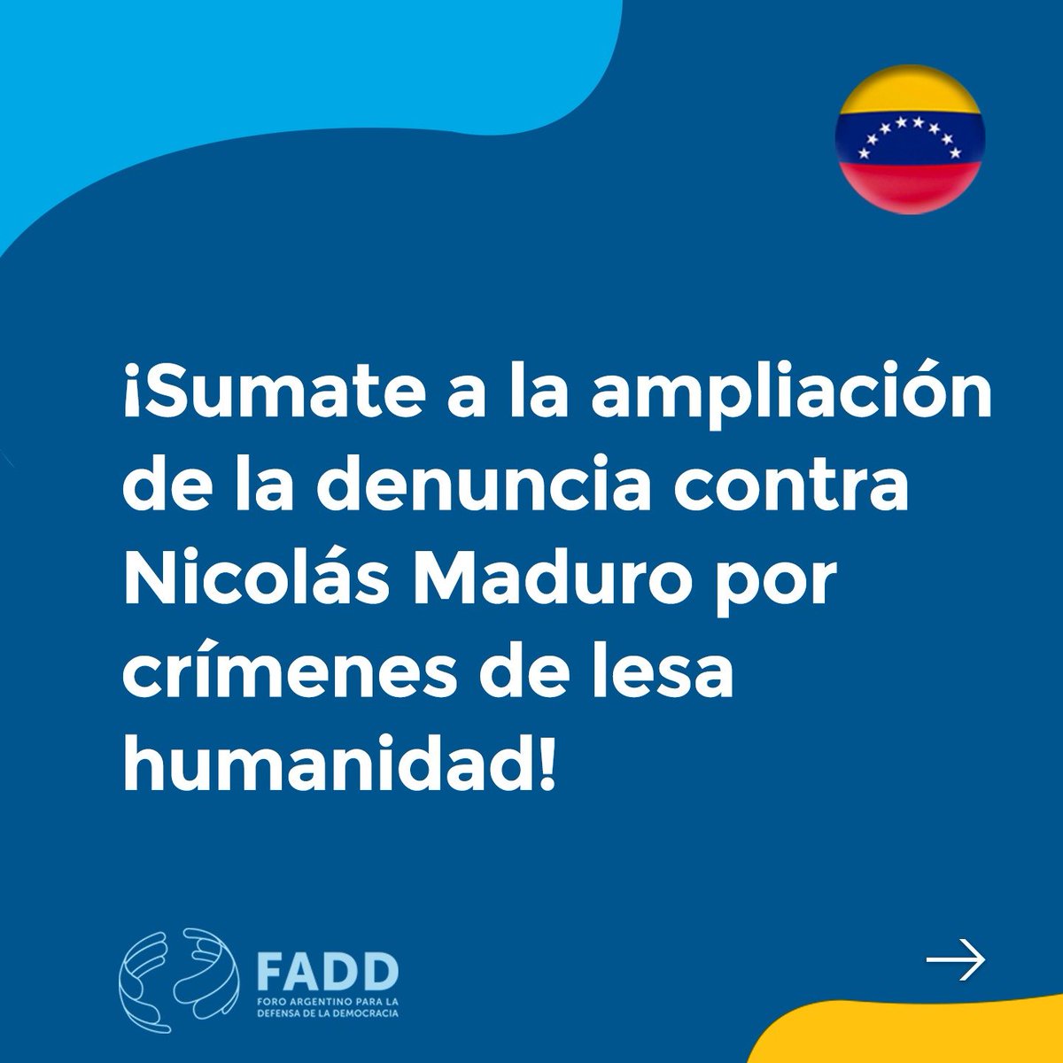 EliTrotta's tweet photo. Si eres venezolano/a, estás en Argentina y tú o algún familiar ha sido víctima de las flagrantes violaciones de derechos humanos en Venezuela (tortura, detención arbitraria, desaparición forzada, anulación ilegal de pasaporte, etc.), desde el @FADDemocracia te invitamos a sumarte a la demanda contra Nicolás Maduro por crímenes de lesa humanidad.

Llena este formulario (tus datos estarán protegidos) y te estaremos contactando. 👇

https://t.co/jSfrYjg8Y1