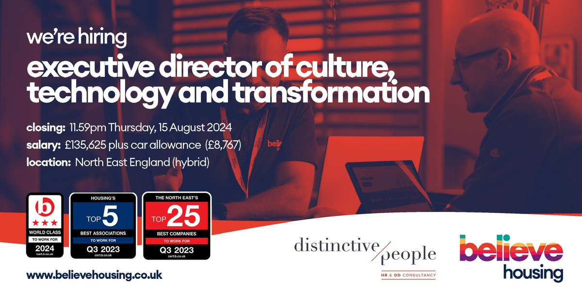 Distinctive People (@distinctivepeop) on Twitter photo Executive Director culture, technology & transformation - NE England -Financial Package £144k A new role, operating at Board & Executive level.
Are you a people & technology change specialist?
Click on the link & call 07944-411484
bit.ly/4cAtBZY
<a href="/believehousing/">believehousing</a> Executive Director culture, technology & transformation - NE England -Financial Package £144k A new role, operating at Board & Executive level.
Are you a people & technology change specialist?
Click on the link & call 07944-411484
bit.ly/4cAtBZY
<a href="/believehousing/">believehousing</a>