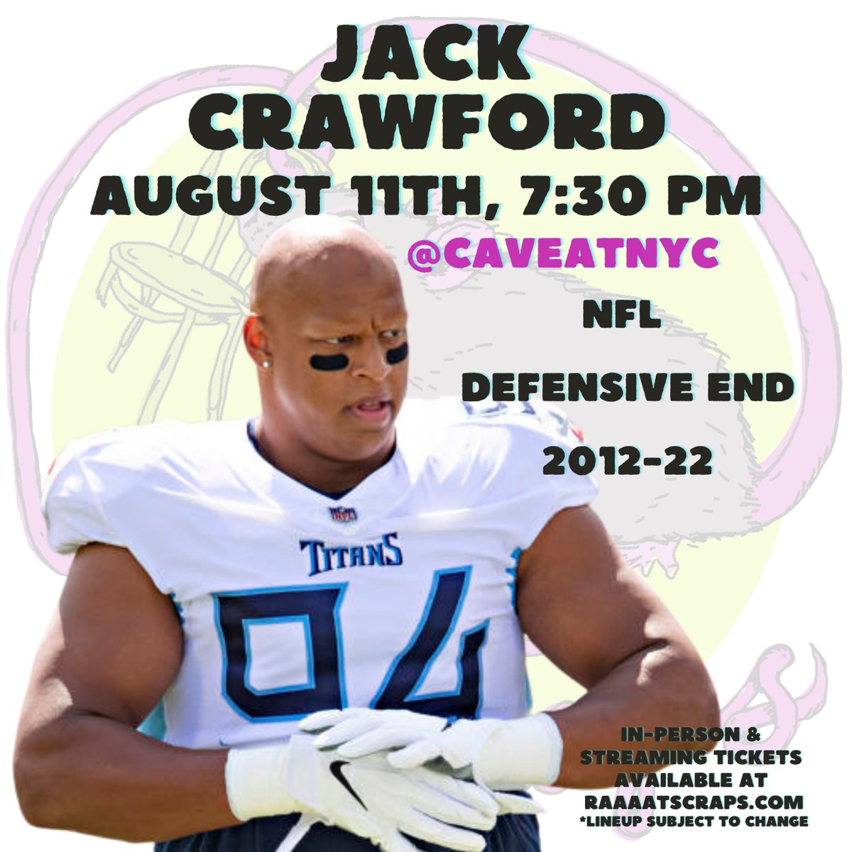 RAAAATSCRAPS's tweet photo. Jack Crawford barely fits in our promo, and he is our Guest Monologist on August 11th!

Jack is a veteran of the NFL. 
And we signed him on for a one show contract!

https://t.co/6IfaCsZBqg for tix!
Streaming and in-person https://t.co/9RfEwdBYH7