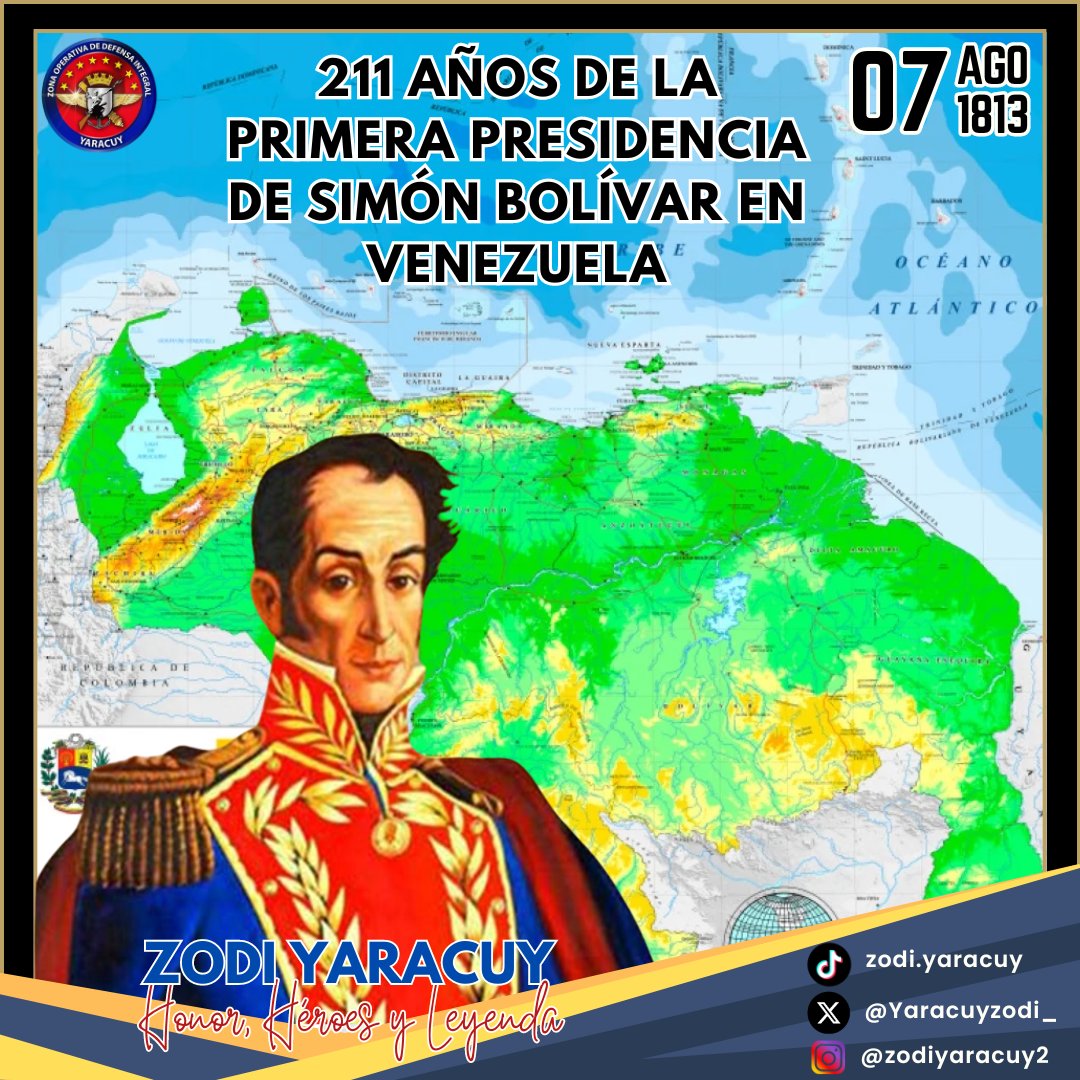 Hoy #07Ago se cumplen 211 años desde que Simón Bolívar asumió la Presidencia de Venezuela en 1813. Su legado sigue vivo en la lucha por la Libertad y la Independencia. ¡Viva la patria! 🇻🇪#SimónBolívar #VenezuelaLibre