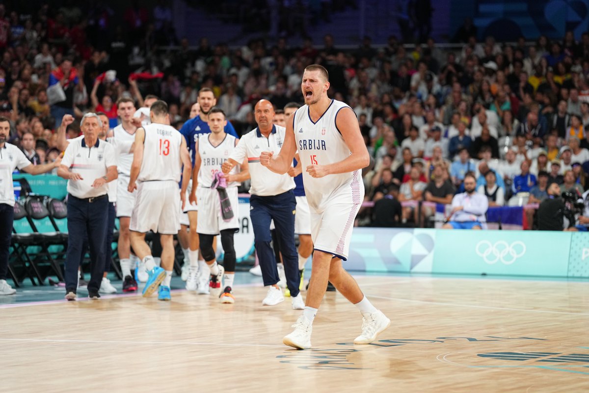 NBA's tweet photo. Nikola Jokic's DOMINANT performance in #Paris2024 leads Serbia into the semifinals 💪

His near triple-double helped erase a 24-point deficit and secure the OT win! 

🇷🇸 21 PTS | 14 REB | 8 AST | 4 STL 🇷🇸 https://t.co/XpSLrFZ6vZ