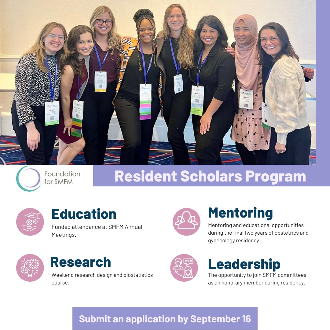 Applications are open to the Resident Scholars Program. Selected #obstetrics and #gynecology residents in their last two years of study will receive a stipend to attend the 2025 and 2026 #SMFM Pregnancy Meeting! Learn more and apply at foundationforsmfm.org/programs/resid…