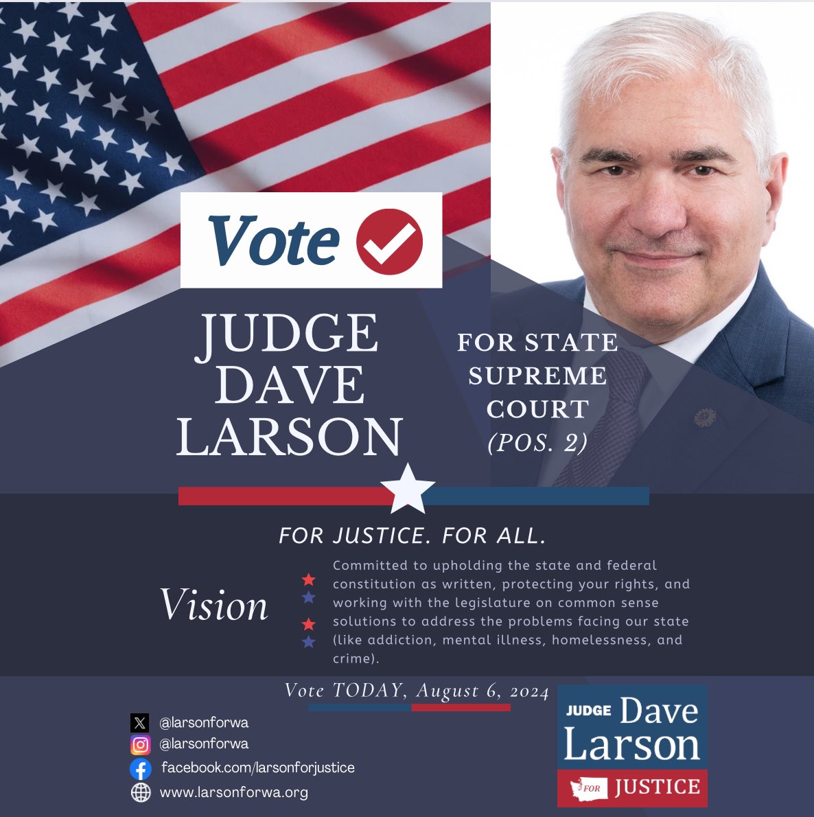 larsonforwa's tweet photo. Today is the day! Get your ballots in and vote Judge Larson for Washington State Supreme Court, Pos. 2.
#larsonforwa #votejudgelarson #forjusticeforall #judgelarson #wasc #larsonforjustice #judgedavelarson https://t.co/iCN9UrCmZC