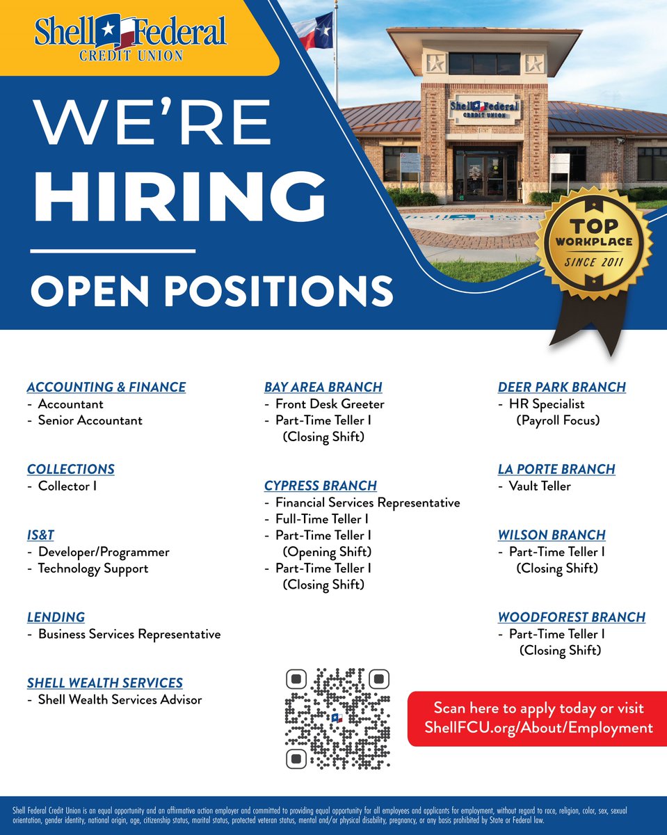 WE'RE HIRING! Check out our current job openings and take the next step in your career journey! ⭐️

📲 shellfcu.org/About/Employme…

#ShellFCU #BuildingDreams #HiringNow