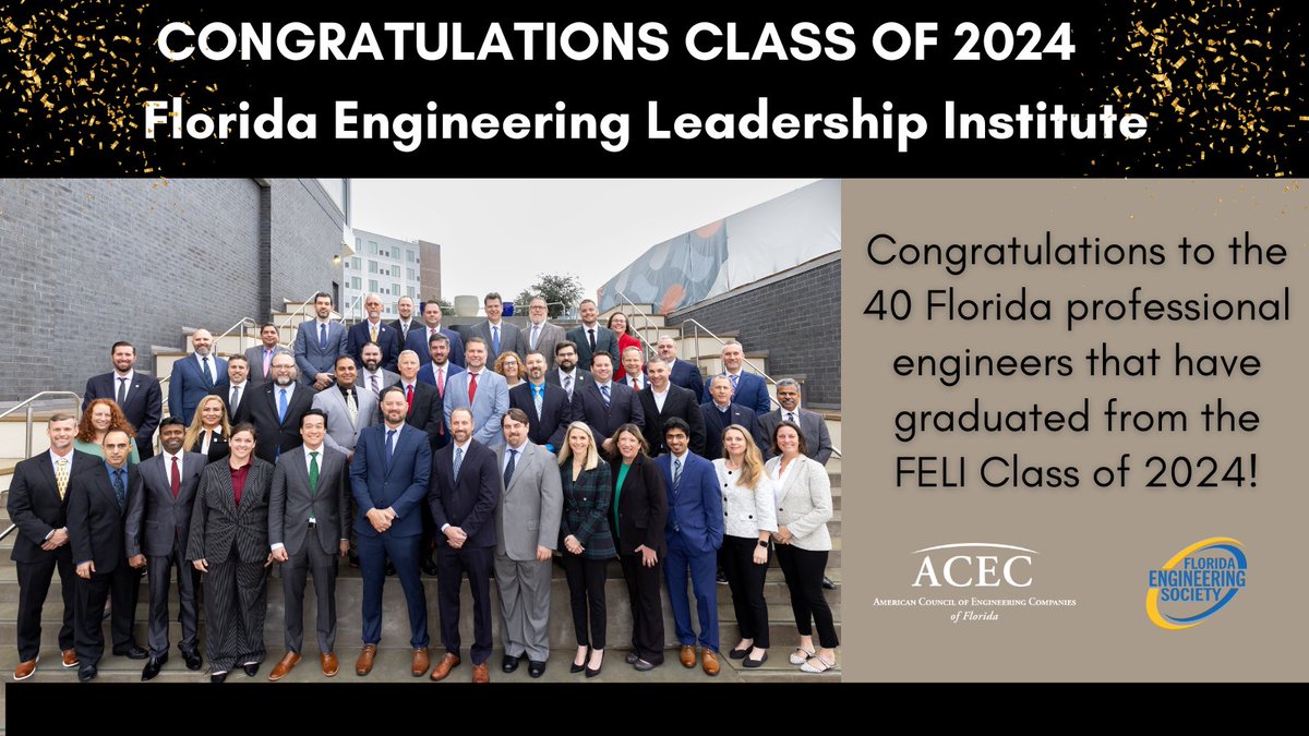 ACECFL's tweet image. We’re pleased to announce that 40 Florida professional engineers have graduated from the Florida Engineering Leadership Institute – Florida’s premier engineering leadership program. These PE graduates hail from throughout Florida. Learn more here: bit.ly/3YvE4Sb