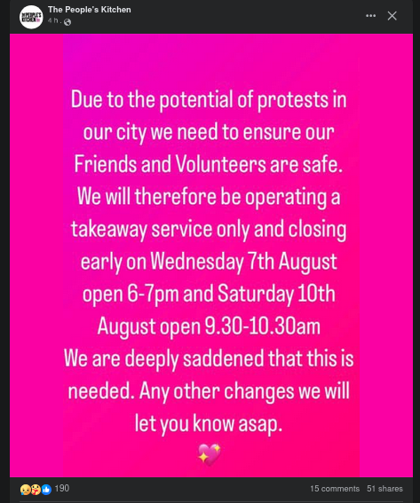 .<a href="/PeoplesKitchen/">PK Newcastle</a> in Newcastle closing its doors early Wednesday and Saturday because of the fascist on our streets