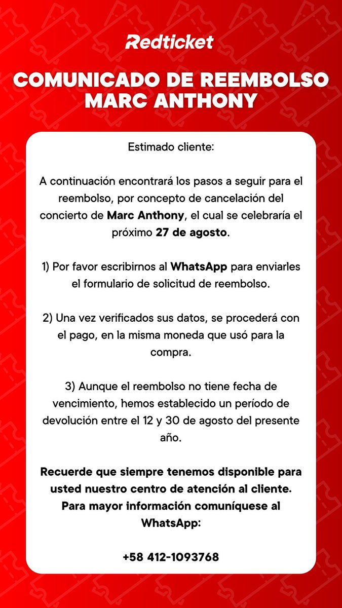 👇🏻Aquí podrás encontrar todos los pasos que deberás seguir para concretar la devolución del dinero de las entradas por el concierto de Marc Anthony.

‼️IMPORTANTE: recuerden que estos pasos aplican únicamente para aquellas personas que compraron sus entradas con Redticket.