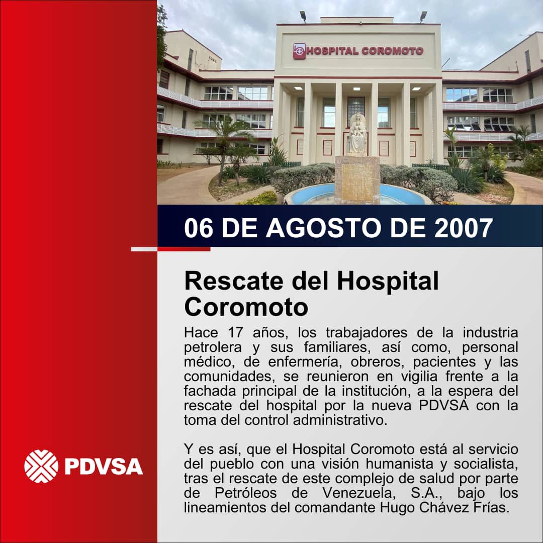 Felicitamos al Hospital Coromoto PDV Servicios de Salud S.A., que celebra el 17° aniversario de su rescate por la Nueva PDVSA.