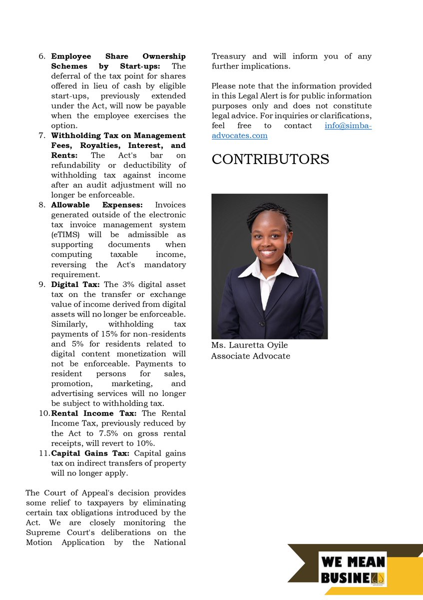 SimbaAdvocates's tweet image. #LetsDiscussit join our Lauretta Oyile on this Legal Alert addressing the Implications of the Court of Appeal&apos;s decision dated 31st July, 2024 of the Finance Act, 2023 on Income Tax.
#FinanceAct2023 #IncomeTax #WeMeanBusiness