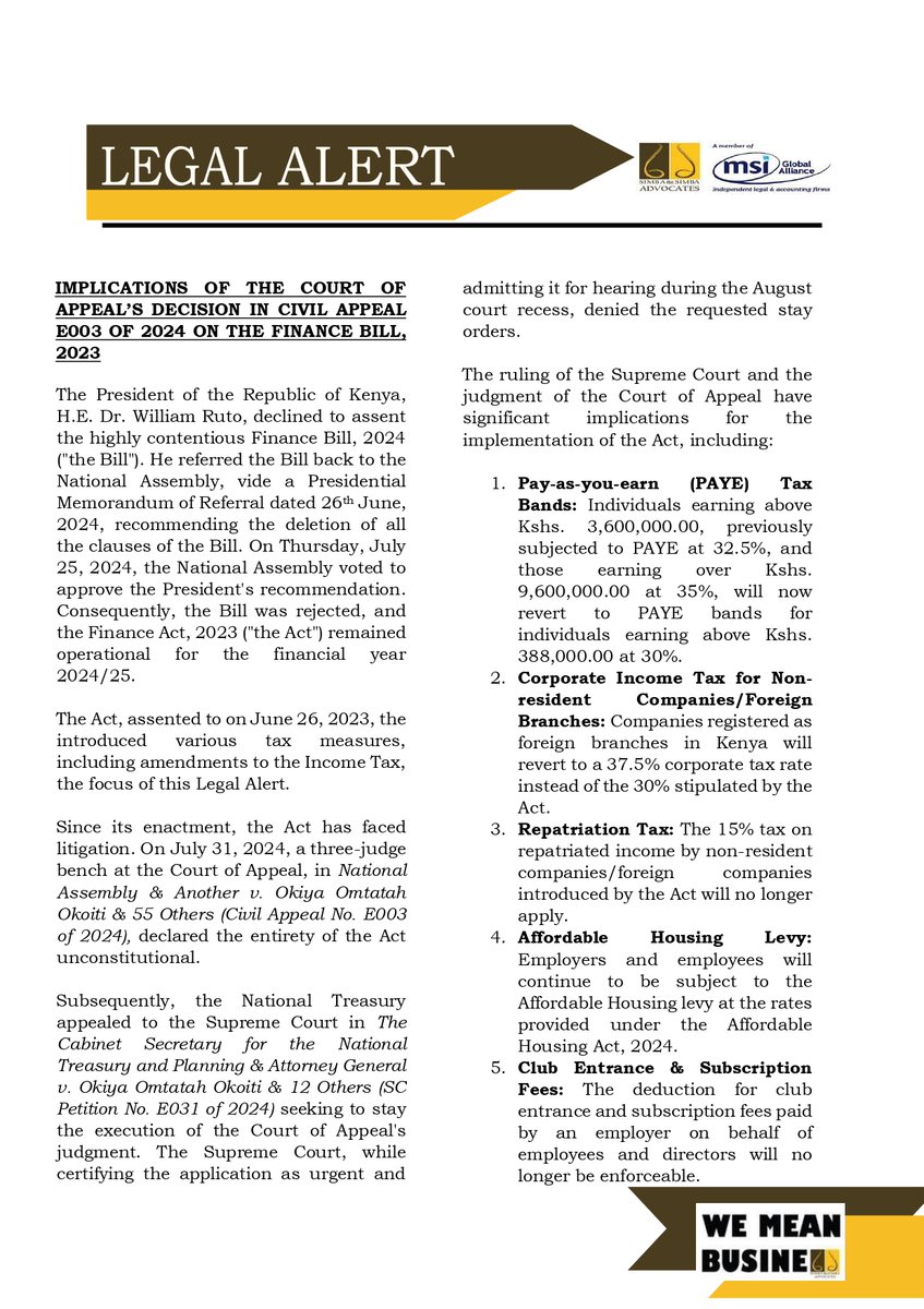 SimbaAdvocates's tweet image. #LetsDiscussit join our Lauretta Oyile on this Legal Alert addressing the Implications of the Court of Appeal&apos;s decision dated 31st July, 2024 of the Finance Act, 2023 on Income Tax.
#FinanceAct2023 #IncomeTax #WeMeanBusiness