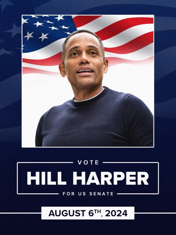 hillharper's tweet photo. Today is the day to make a difference! Let's come together, vote for Hill Harper, and create a brighter future. Your voice matters, so let's make history with hope and unity. Vote today, August 6th, 2024! https://t.co/MaliGC6yT3