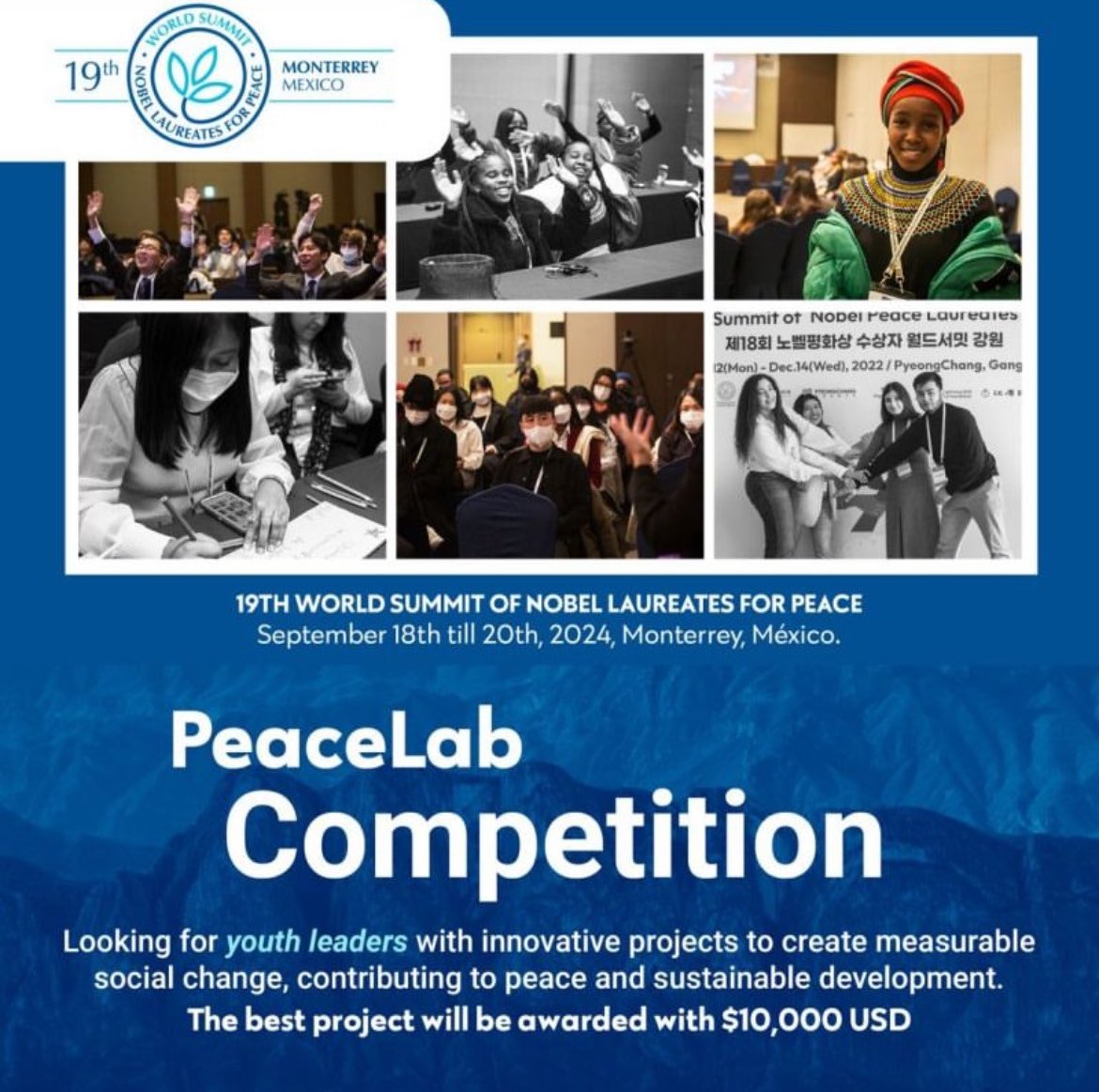 opportunitiesfy's tweet photo. 🌍 Calling all young change-makers! The 19th World Summit of Nobel Laureates for Peace is seeking innovative PeaceLab Youth Projects.
Apply by August 1, 2024
Apply now: https://t.co/TX1GOhDcyW
#PeaceLab #YouthLeadership #GlobalChange https://t.co/hVRI2BTUQv