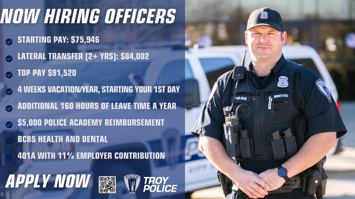 TroyMI_Police's tweet photo. #troypd is now accepting applications for POLICE OFFICER AND EMPLOYED POLICE RECRUIT
APPLY HERE:
https://t.co/Evw2Jjz5aU...
POLICE OFFICER CLOSING DATE: SEPTEMBER 2, 2024
EMPLOYED POLICE RECRUIT CLOSING DATE: SEPTEMBER 9, 2024 https://t.co/yHASCrlFtj