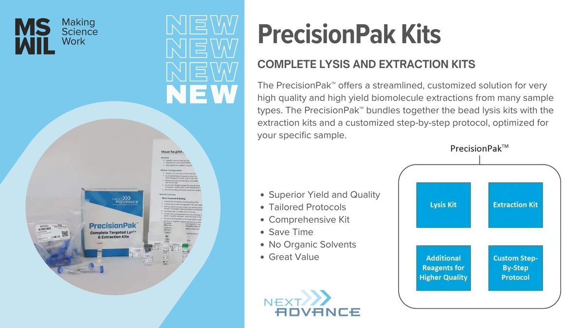 mswilbv's tweet image. We just added Next Advance’s #PrecisionPak Kits to our product portfolio.

These kits include a lysis kit, extraction kit, additional reagents for higher quality and a custom step-by-step protocol. 

Learn more: ow.ly/KrzW50SBm2x

 #NextAdvance #ExtractionKit