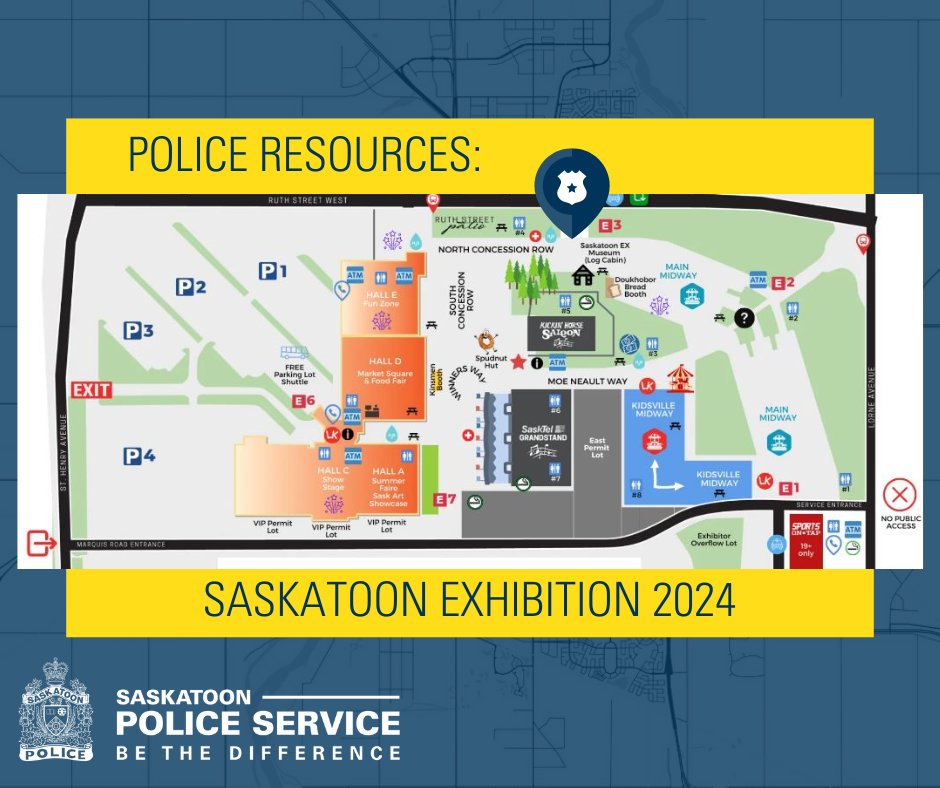 SaskatoonPolice's tweet photo. The #SaskatoonEX is here until the 11th and if you need us, we'll be out patrolling the grounds with a temporary police station located near the pinpoint on the map. In an emergency, remember to still call 9-1-1.

Keep safe and enjoy the week, #yxe! https://t.co/dkNFj3s2sI