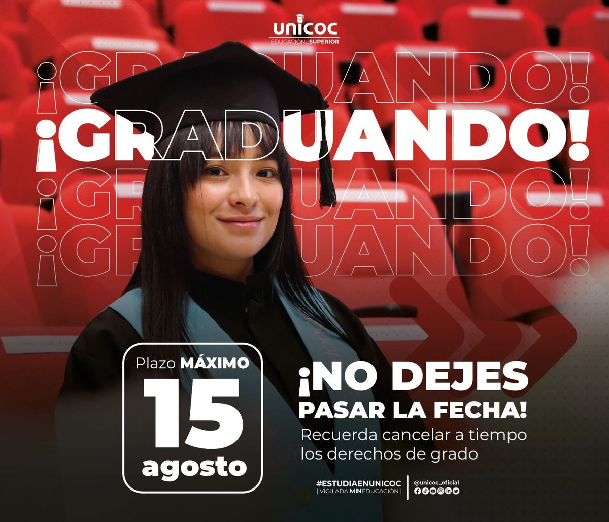 Unicoc_oficial's tweet photo. #Graduando | 🎓✨ ¡No pierdas la oportunidad! ✨
📅 Cancela tus derechos de grado antes del 15 de agosto. https://t.co/oe0TRREZzC